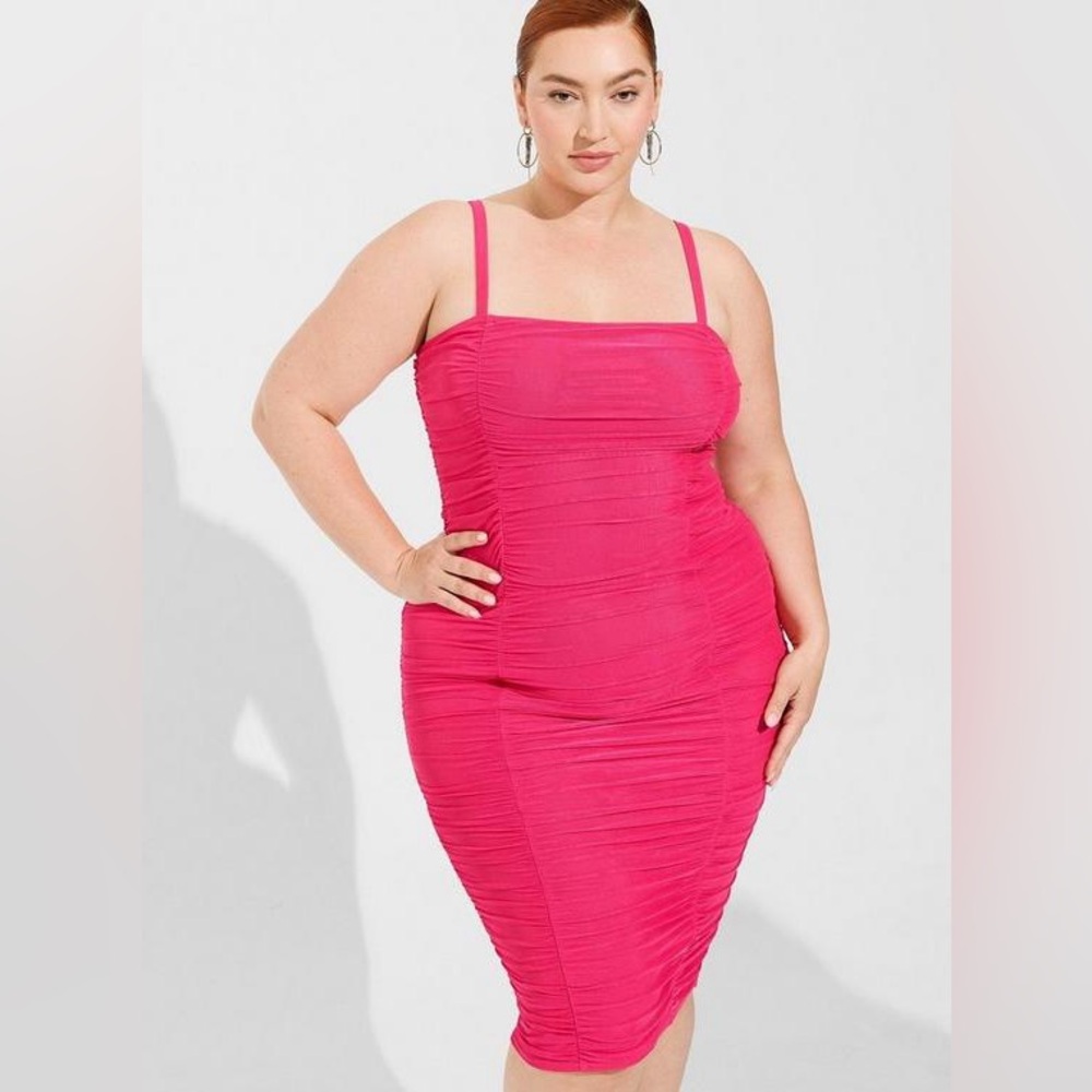 Torrid Midi Mesh Shirred Bodycon Dress Peacock Pink NWT 1X 1